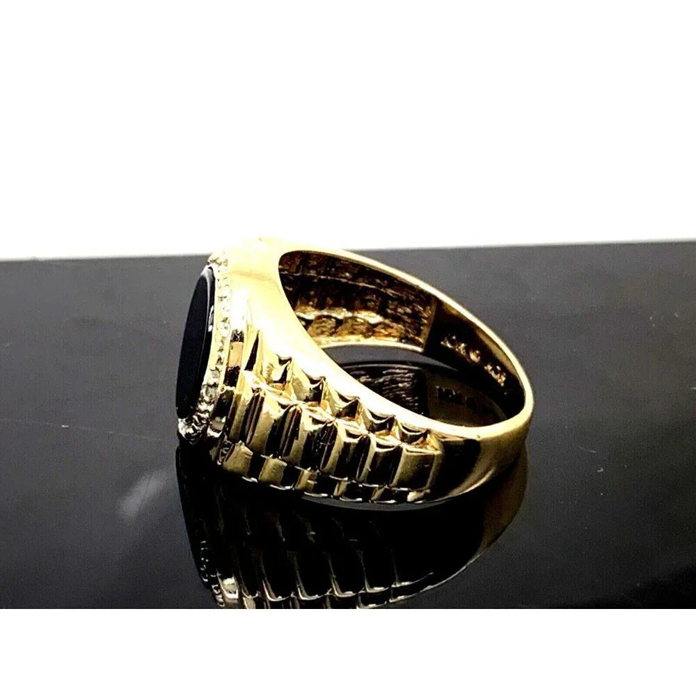 Rolex Style Ring 10k Yellow Gold Diamond Onyx Statement Cocktail Men's S…